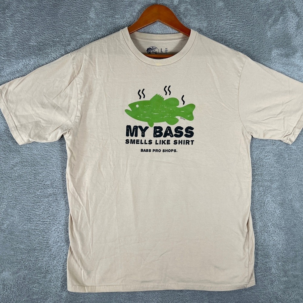 Bass Pro Shops Shirt Mens Large Tan‎ My Bass Smells Like Shirt Fishing Gorpcore